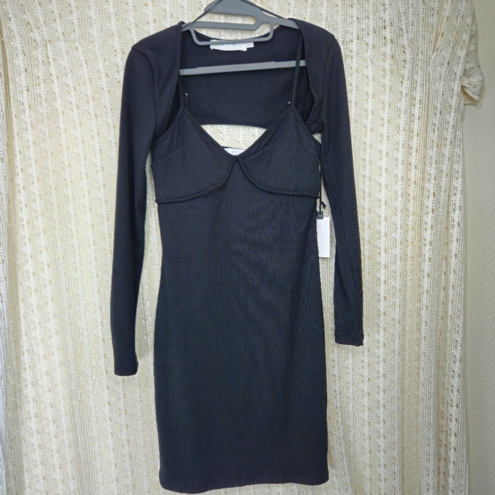 (NEW) ASTR the Label Ribbed Bustier Dress w Long Sleeve Shrug Black Size M